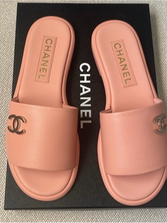 CHANEL Shoes - CHANEL Pink Slide Sandals with Metal CC Emblem